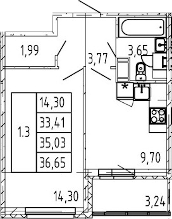 1-комнатная квартира 33.41 м², 4/12 эт., ЖК «Полис ЛАВрики»
